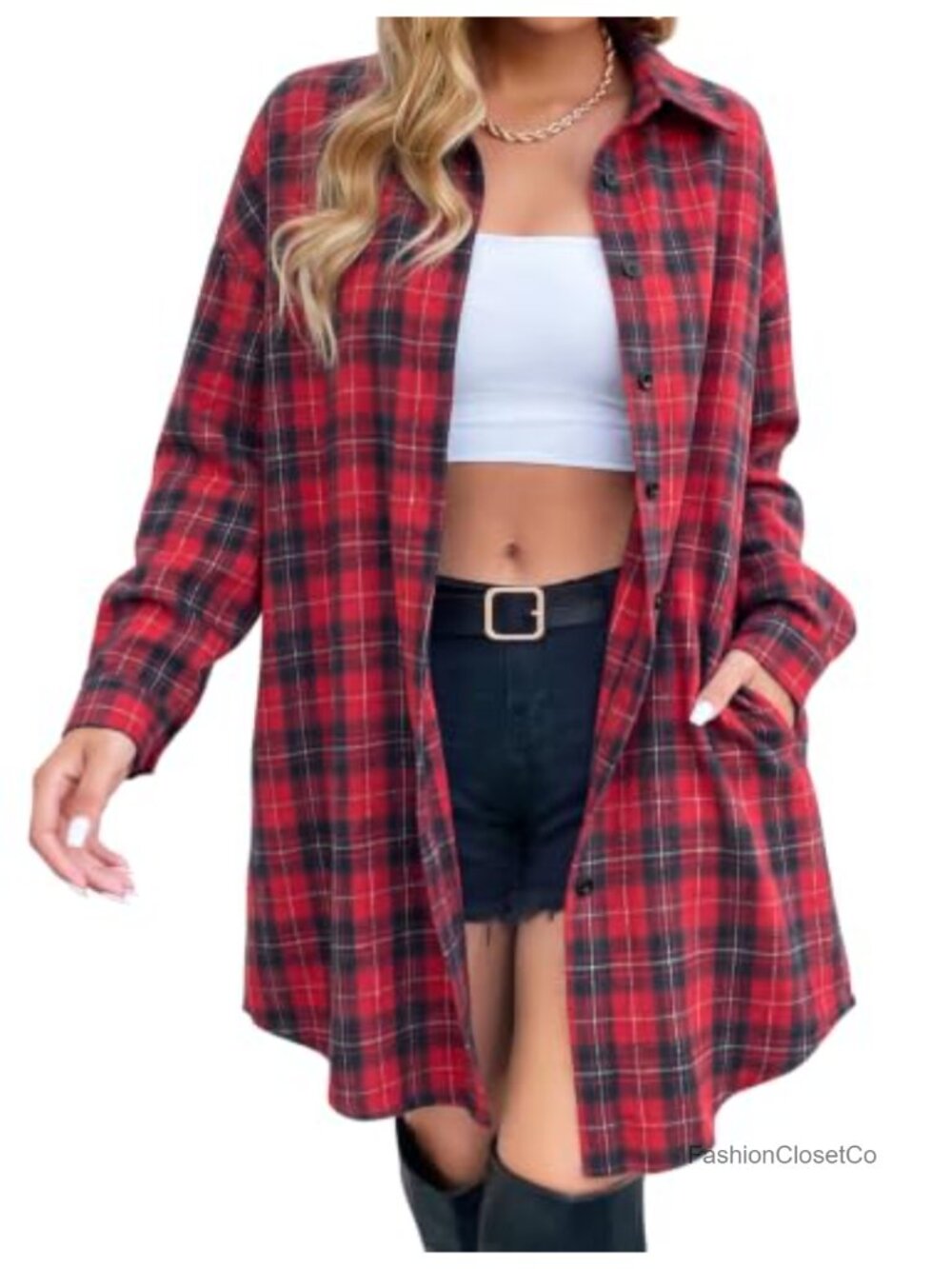 Flannel Shirt Long Sleeve Button Down Tunic Jacket Plaid Top